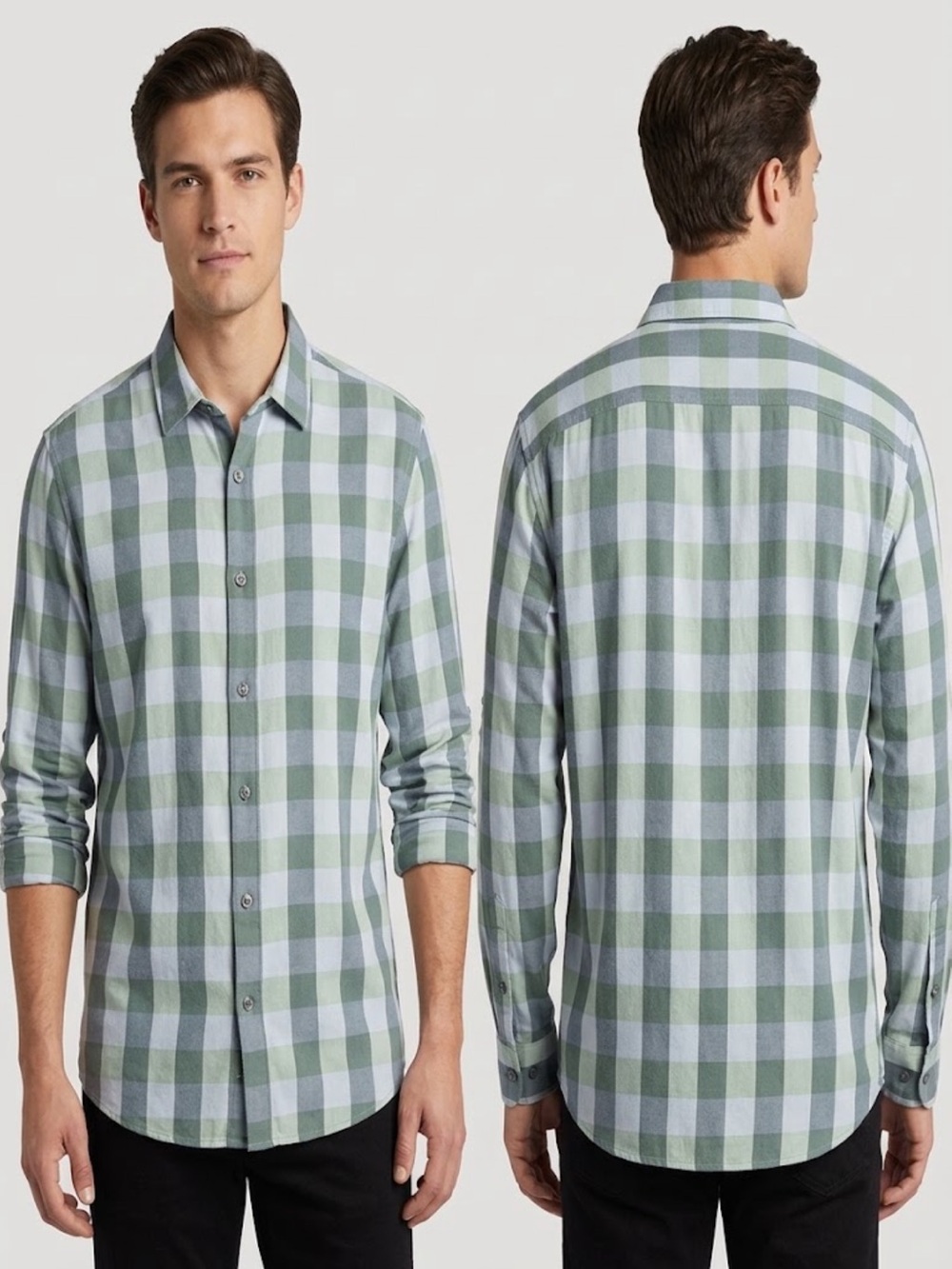 Perry Ellis Green and White Plaid Button-Down Shirt